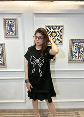 Pearl Bow Drop Waist Dress (Black)