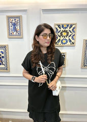 Pearl Bow Drop Waist Dress (Black)