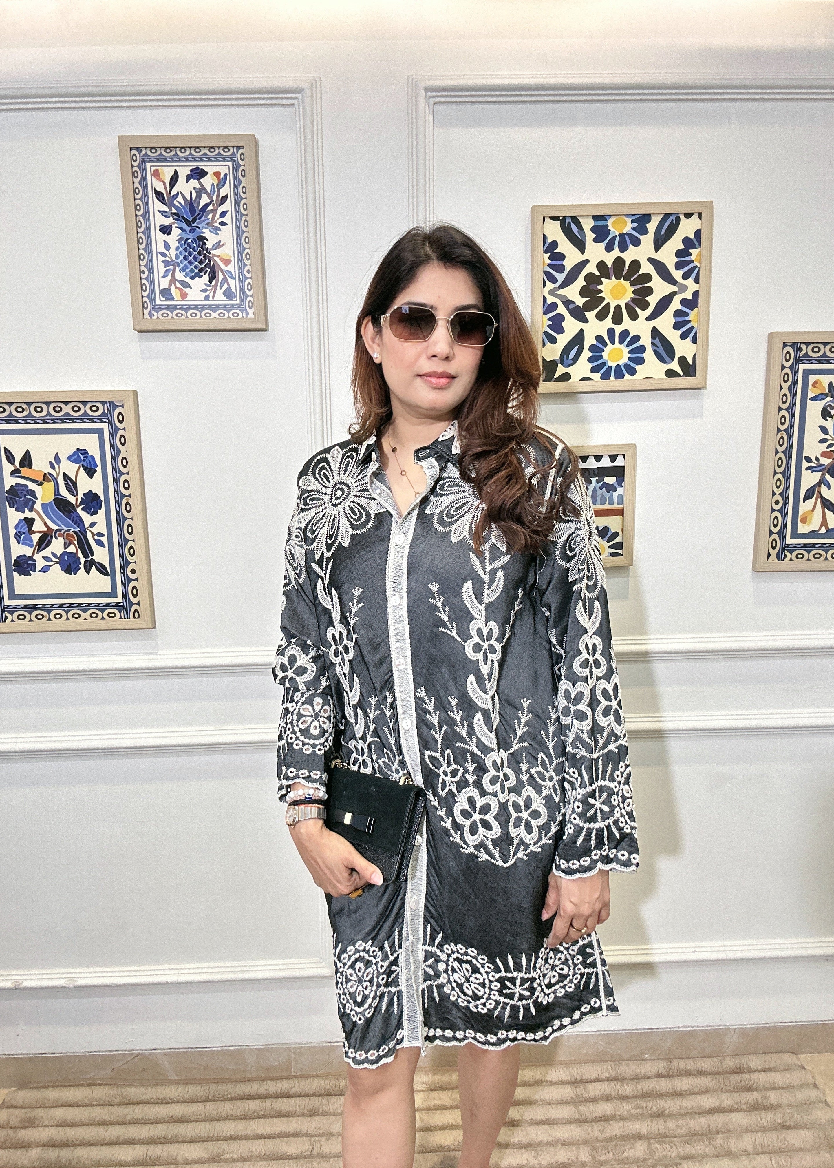 Pastel Petals Embroidered Shirt Dress (Black)