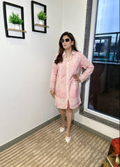 Pastel Petals Embroidered Shirt Dress (Pink)