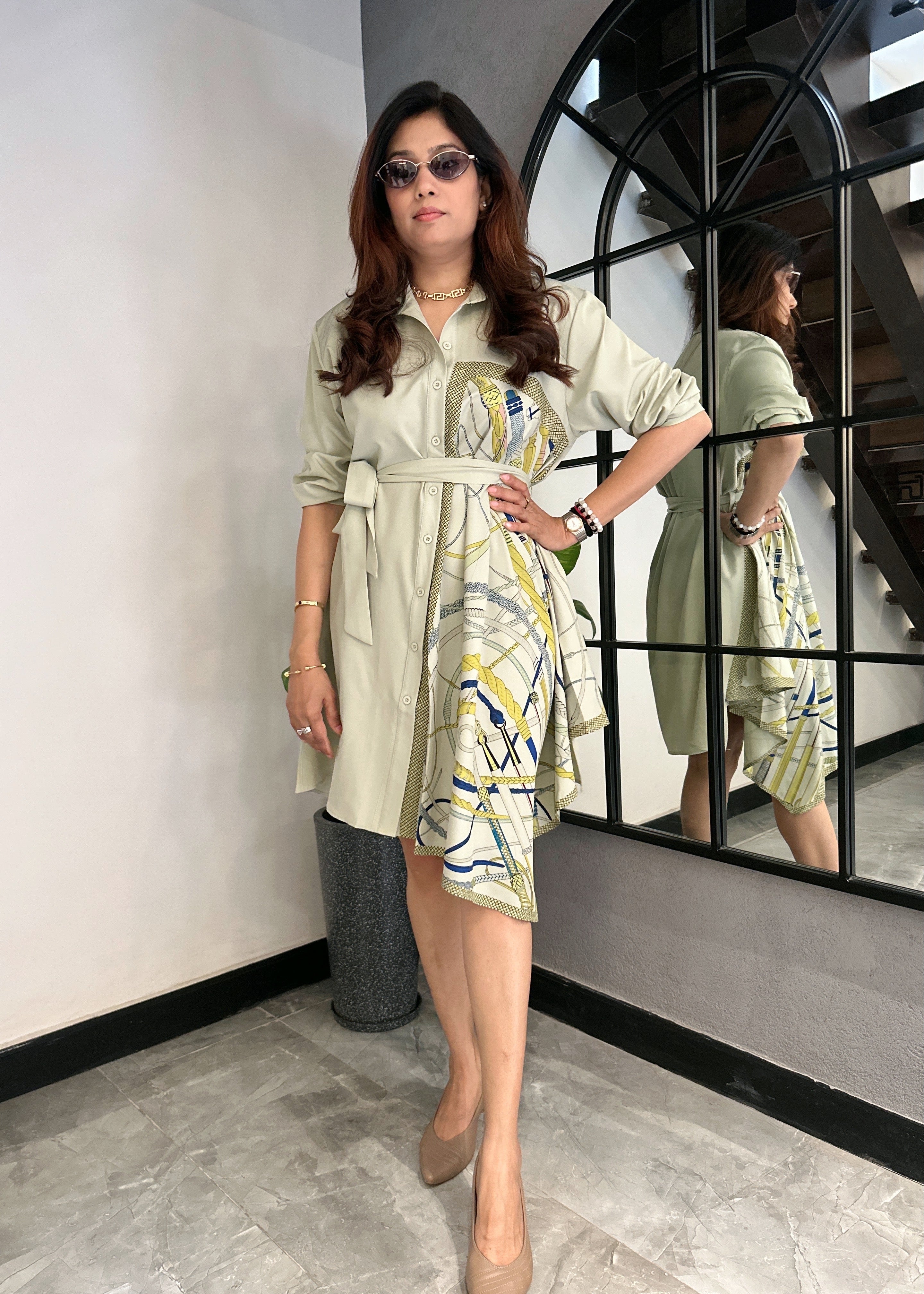 Scarf Print Shirt Dress (Green)