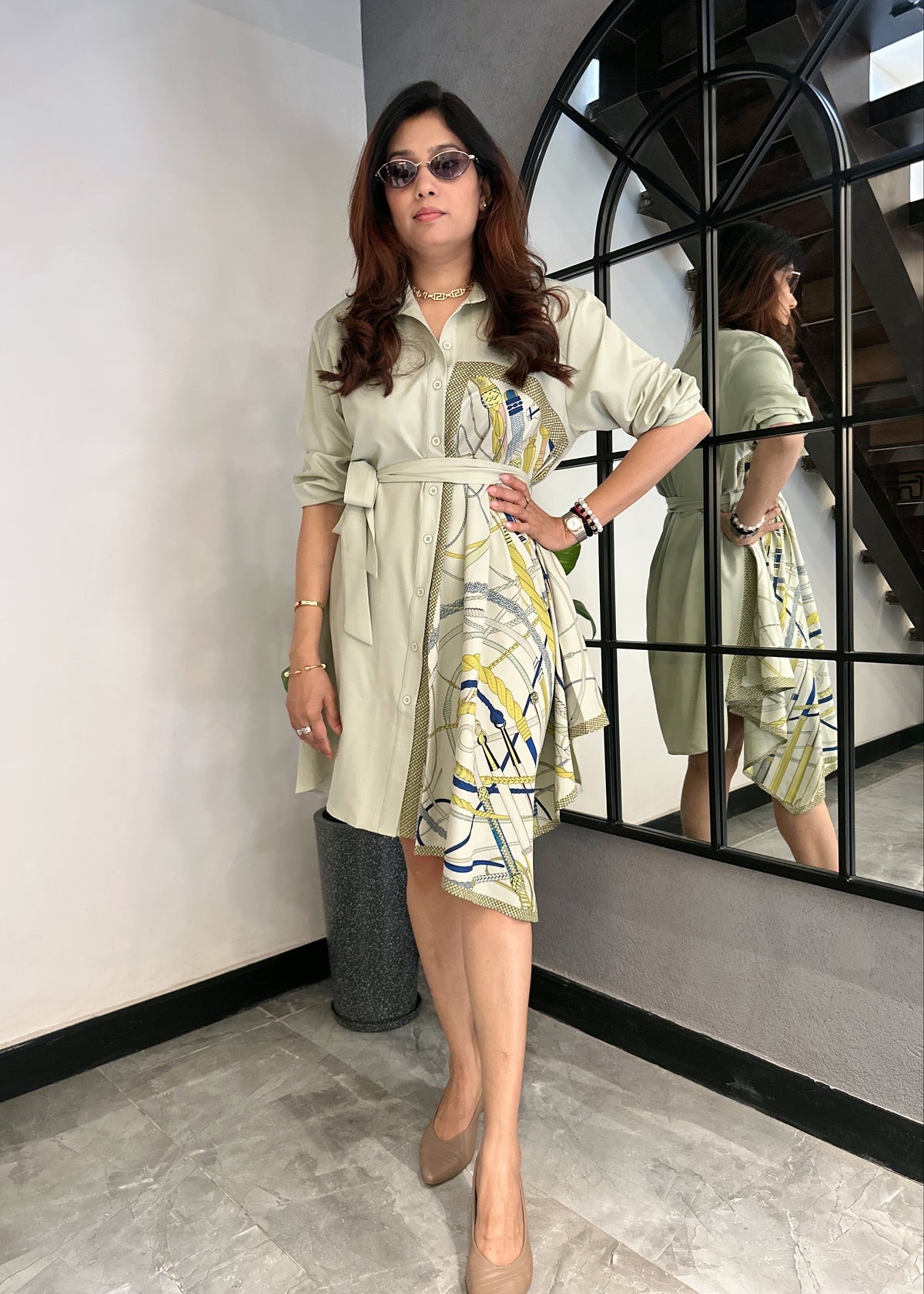 Scarf Print Shirt Dress (Green)