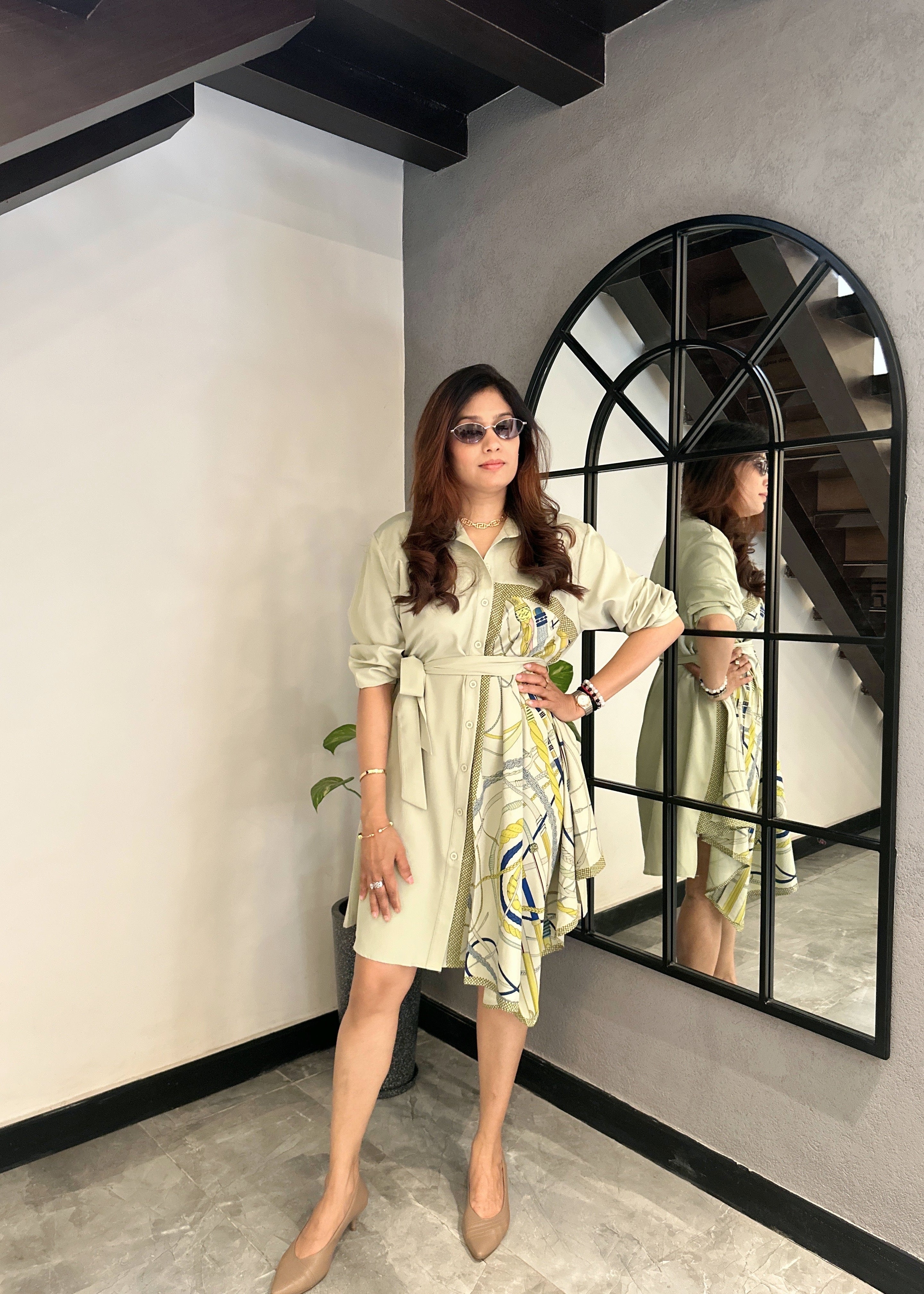 Scarf Print Shirt Dress (Green)