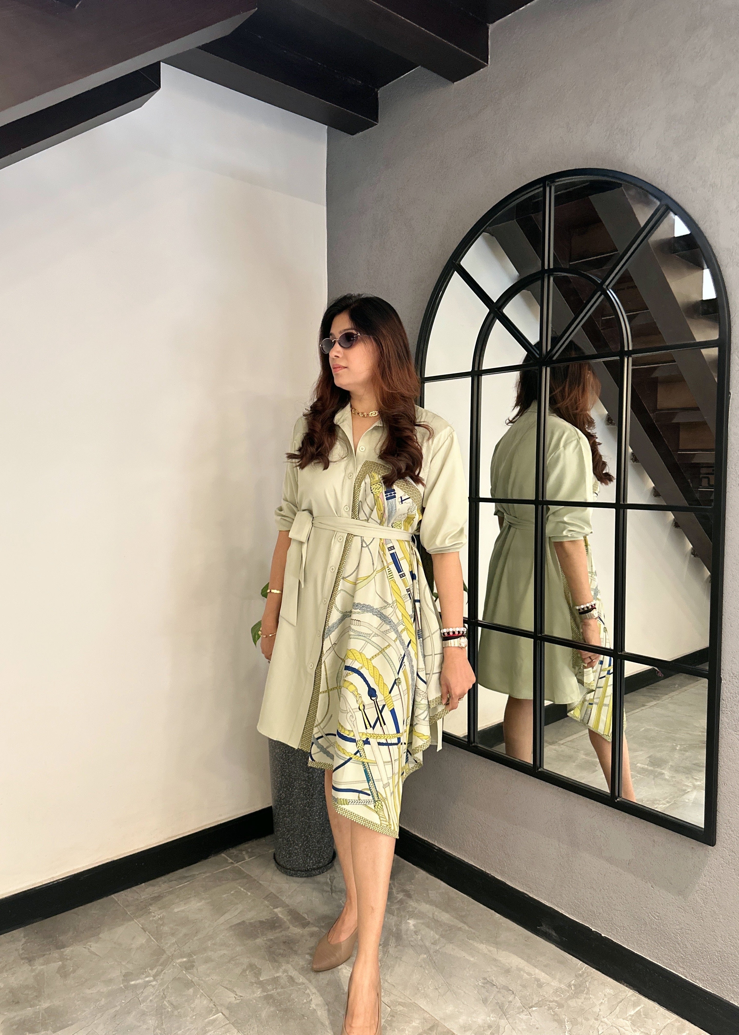 Scarf Print Shirt Dress (Green)