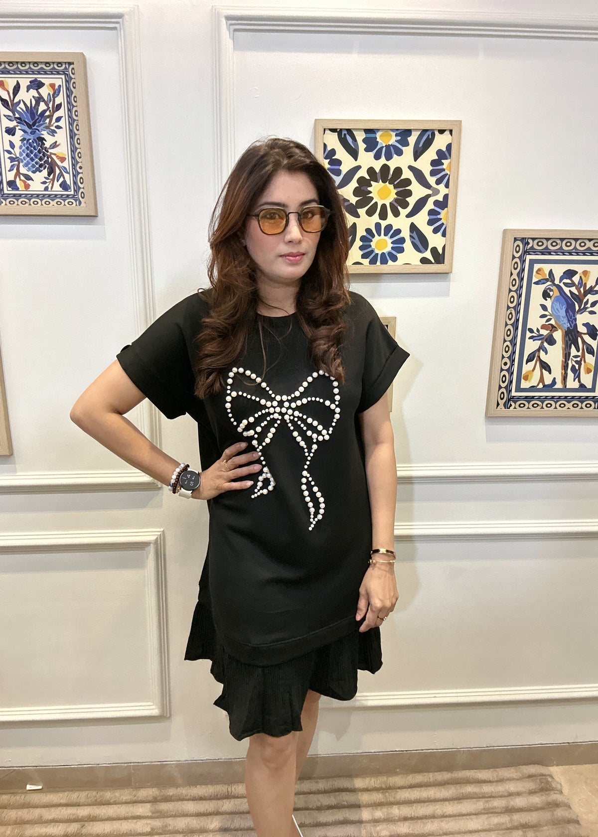 Pearl Bow Drop Waist Dress (Black)