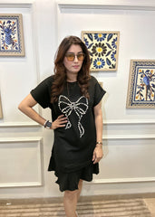 Pearl Bow Drop Waist Dress (Black)