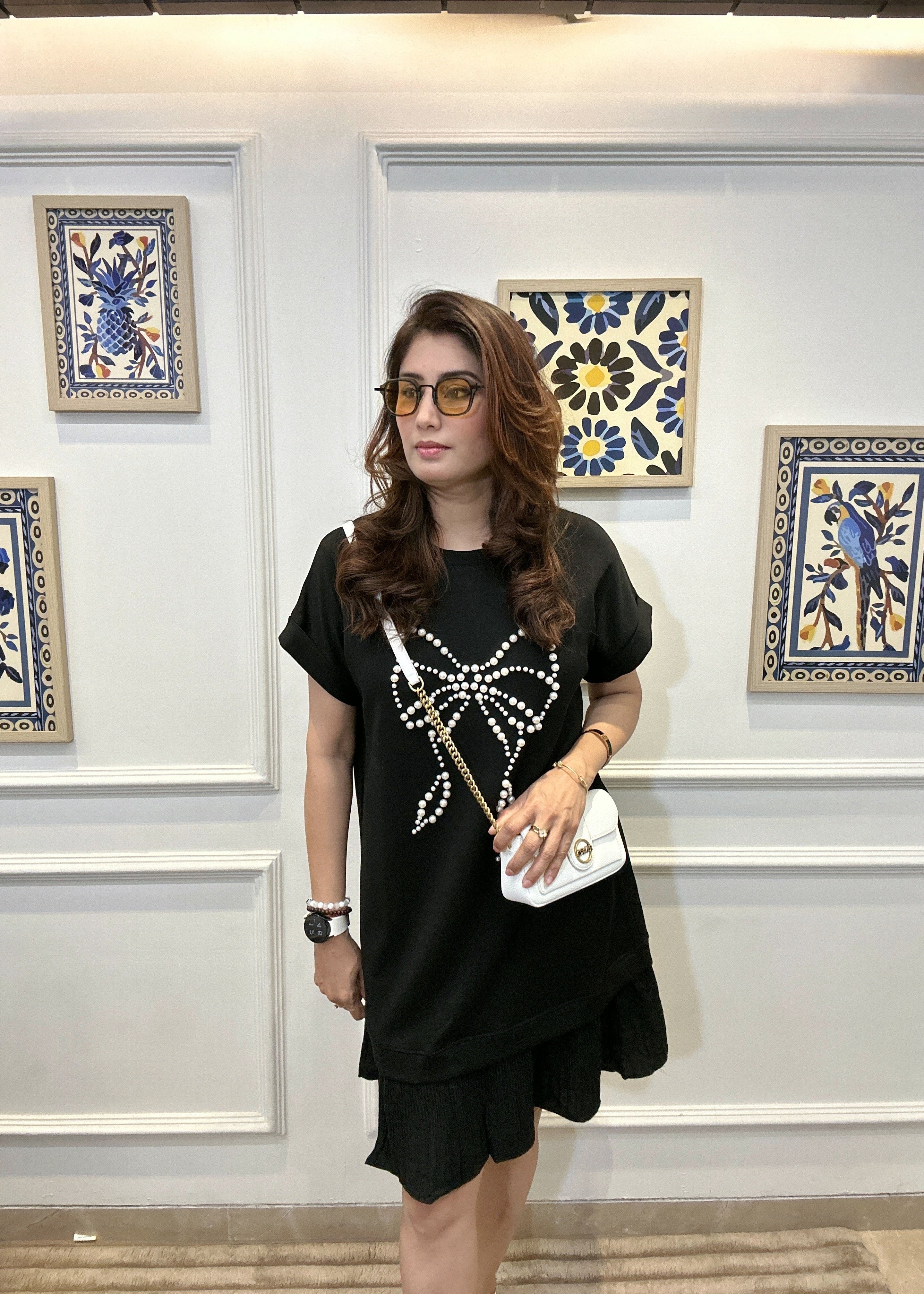 Pearl Bow Drop Waist Dress (Black)