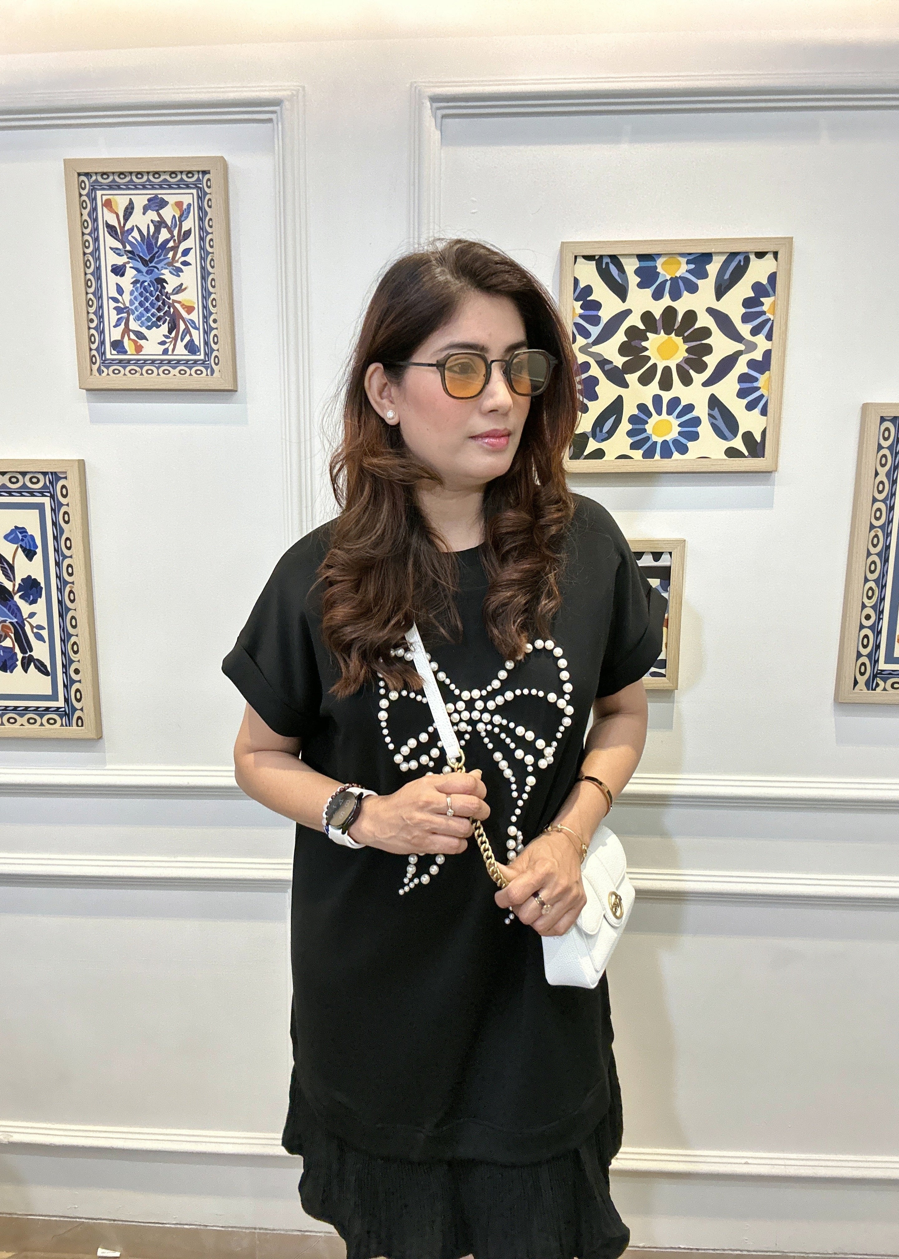 Pearl Bow Drop Waist Dress (Black)