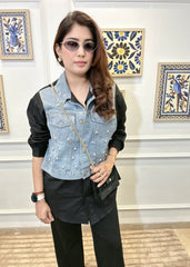 Pearl-Dust Denim Vest Shirt (Black)