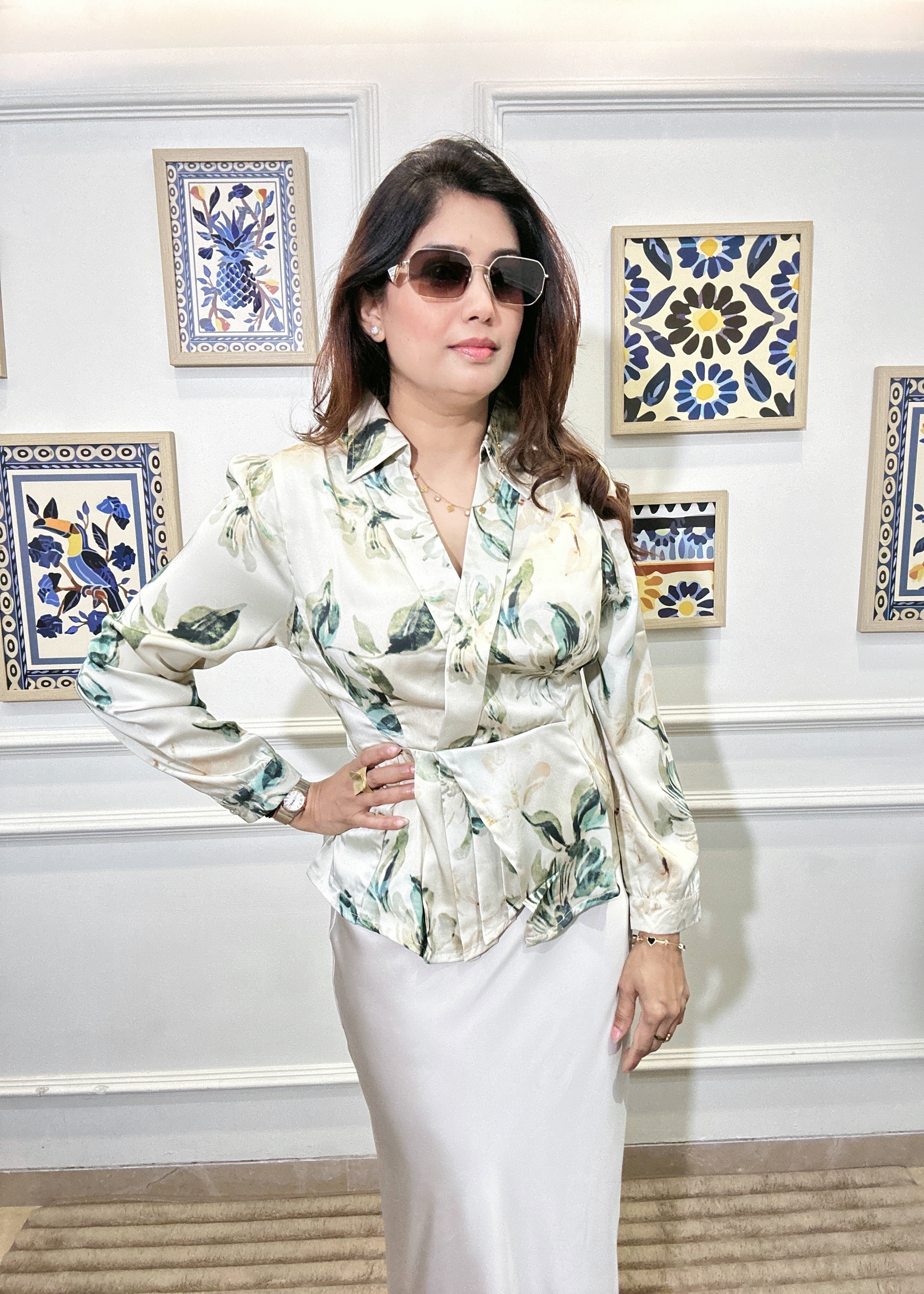 Peplum Petal Wrap Top (Ivory Green)