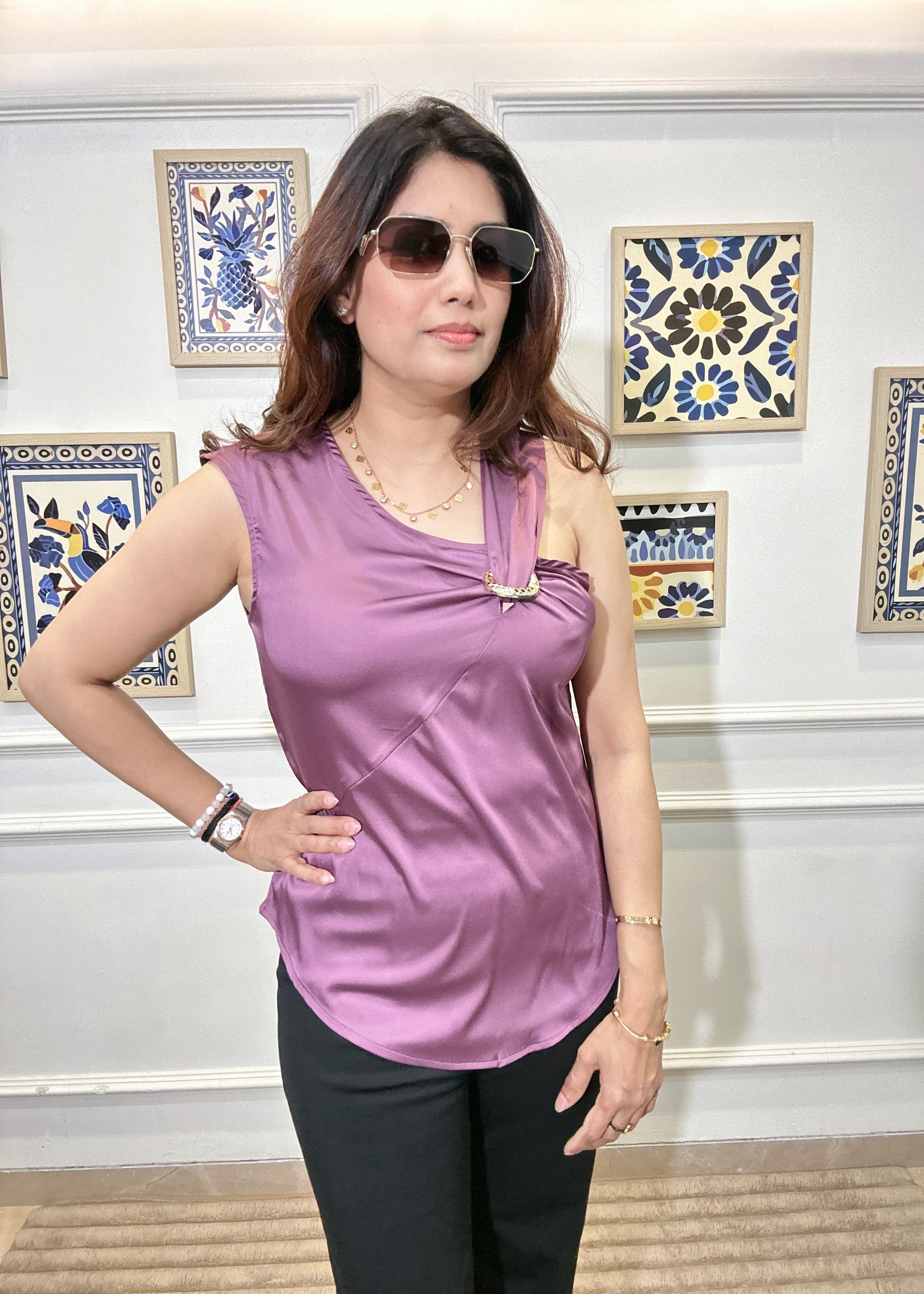 Silk Satin Gathered One Shoulder Top (Lavender)