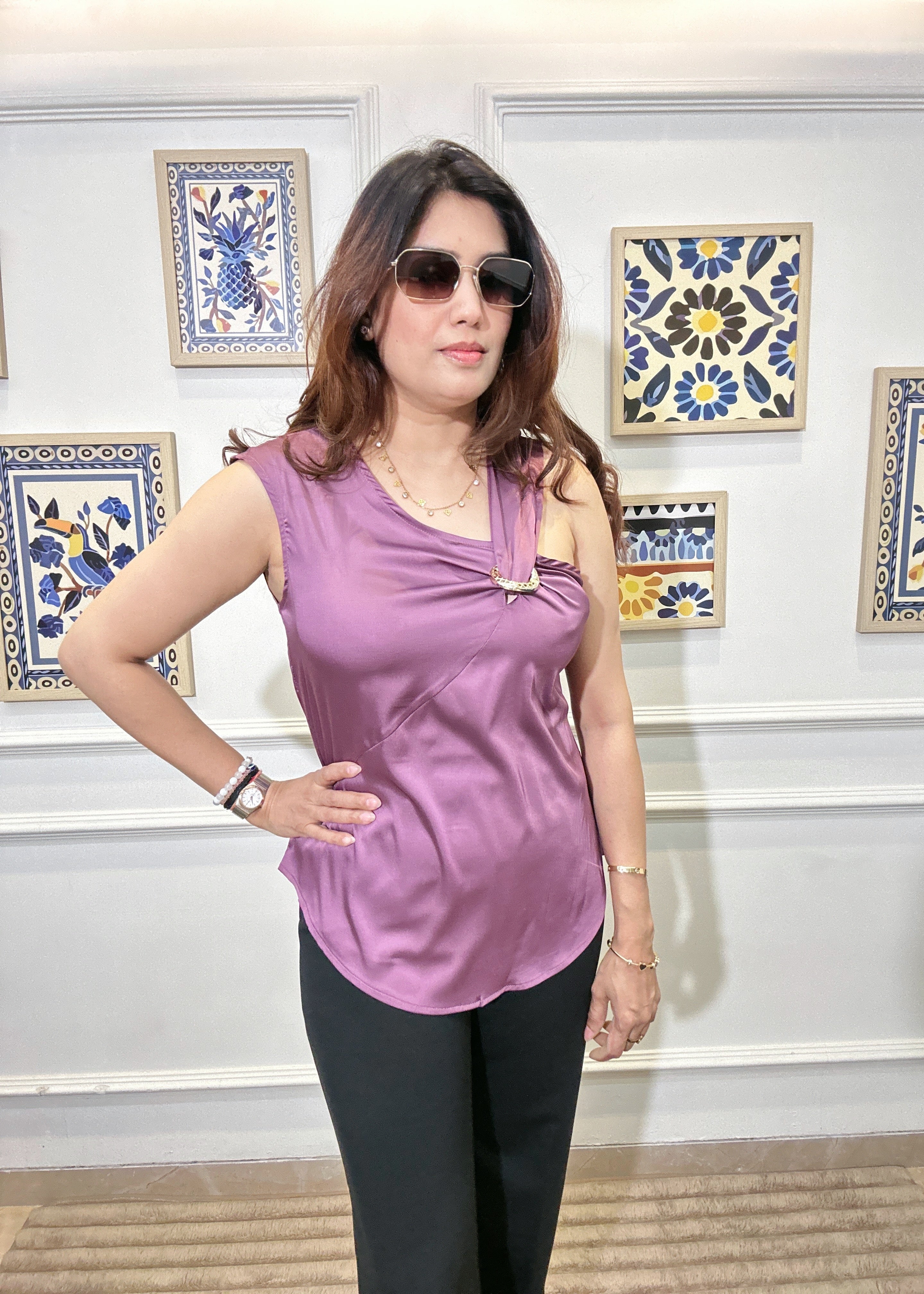 Silk Satin Gathered One Shoulder Top (Lavender)