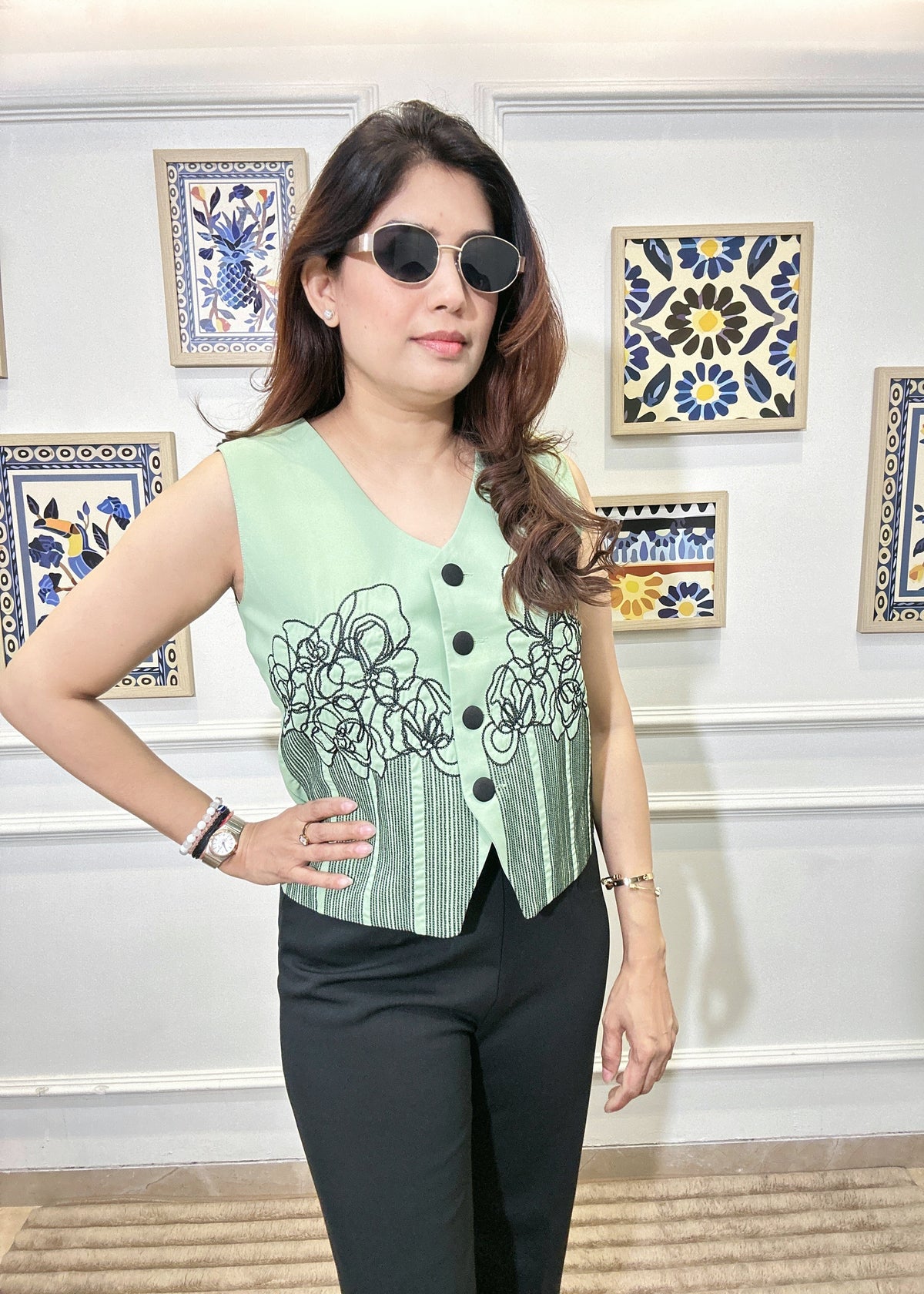 Monochrome Botanical Waistcoat (Green)