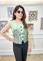 Monochrome Botanical Waistcoat (Green)