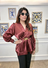 Metallic Peplum Blouse (Formal) (Cherry)