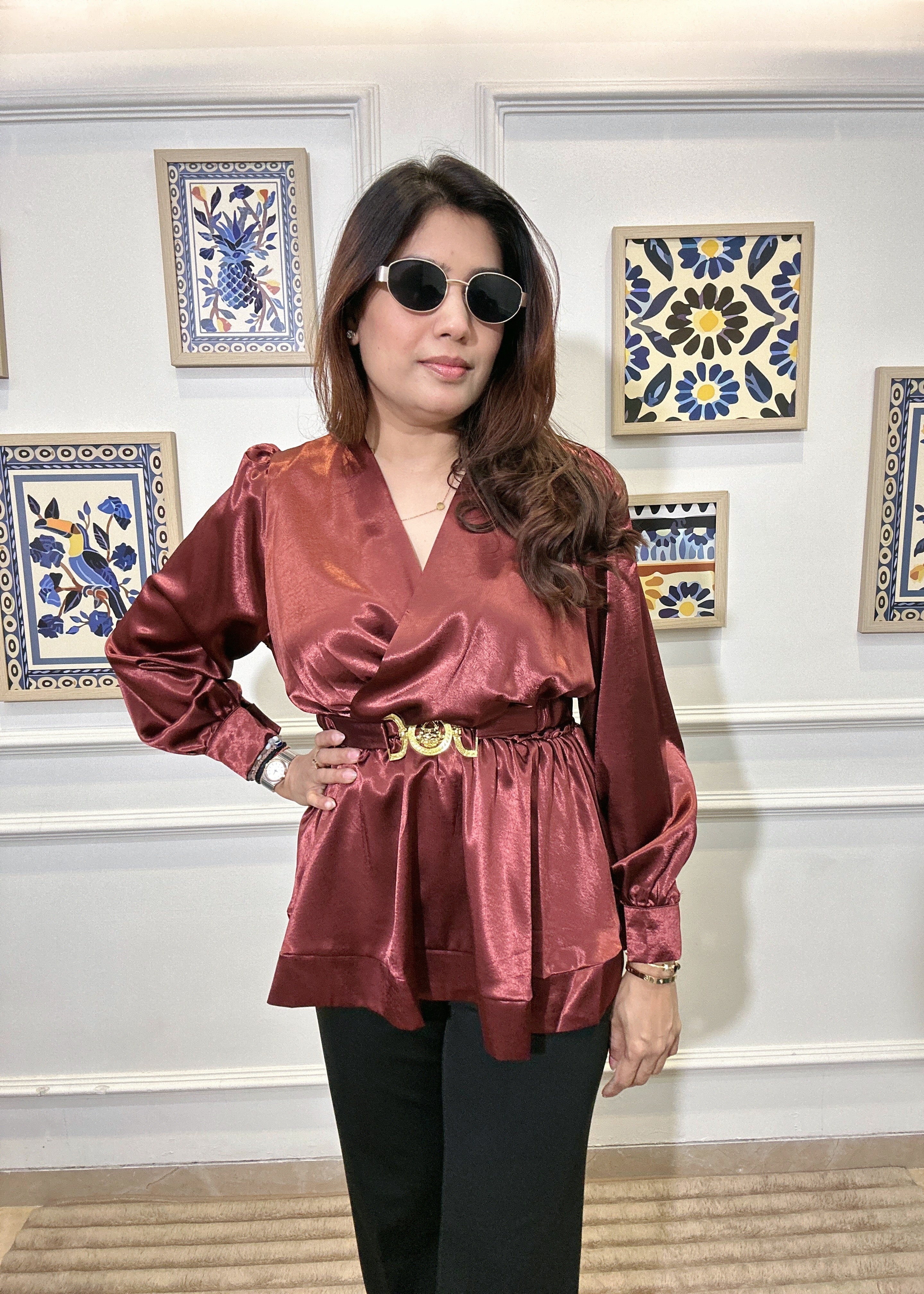 Metallic Peplum Blouse (Formal) (Cherry)