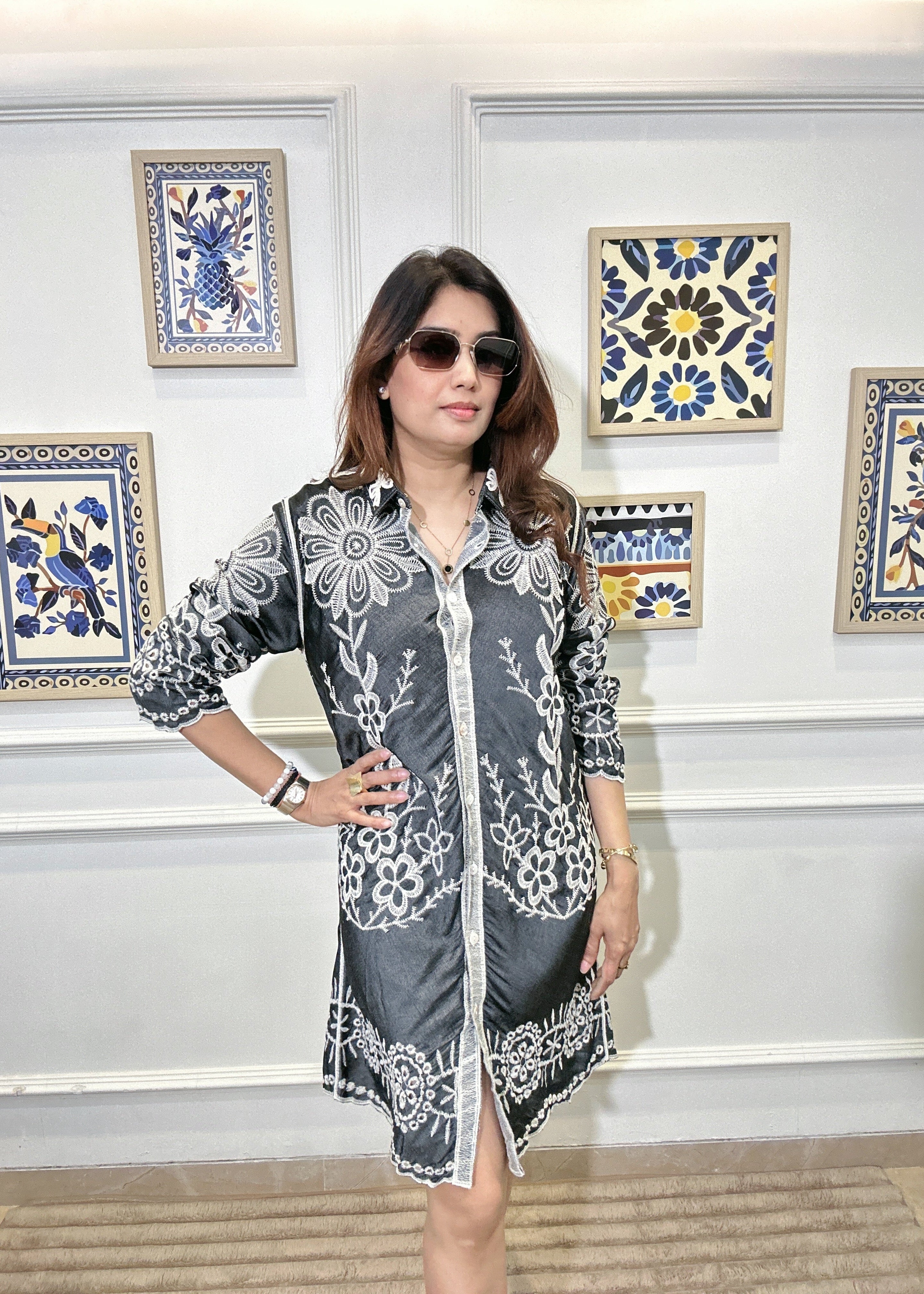 Pastel Petals Embroidered Shirt Dress (Black)