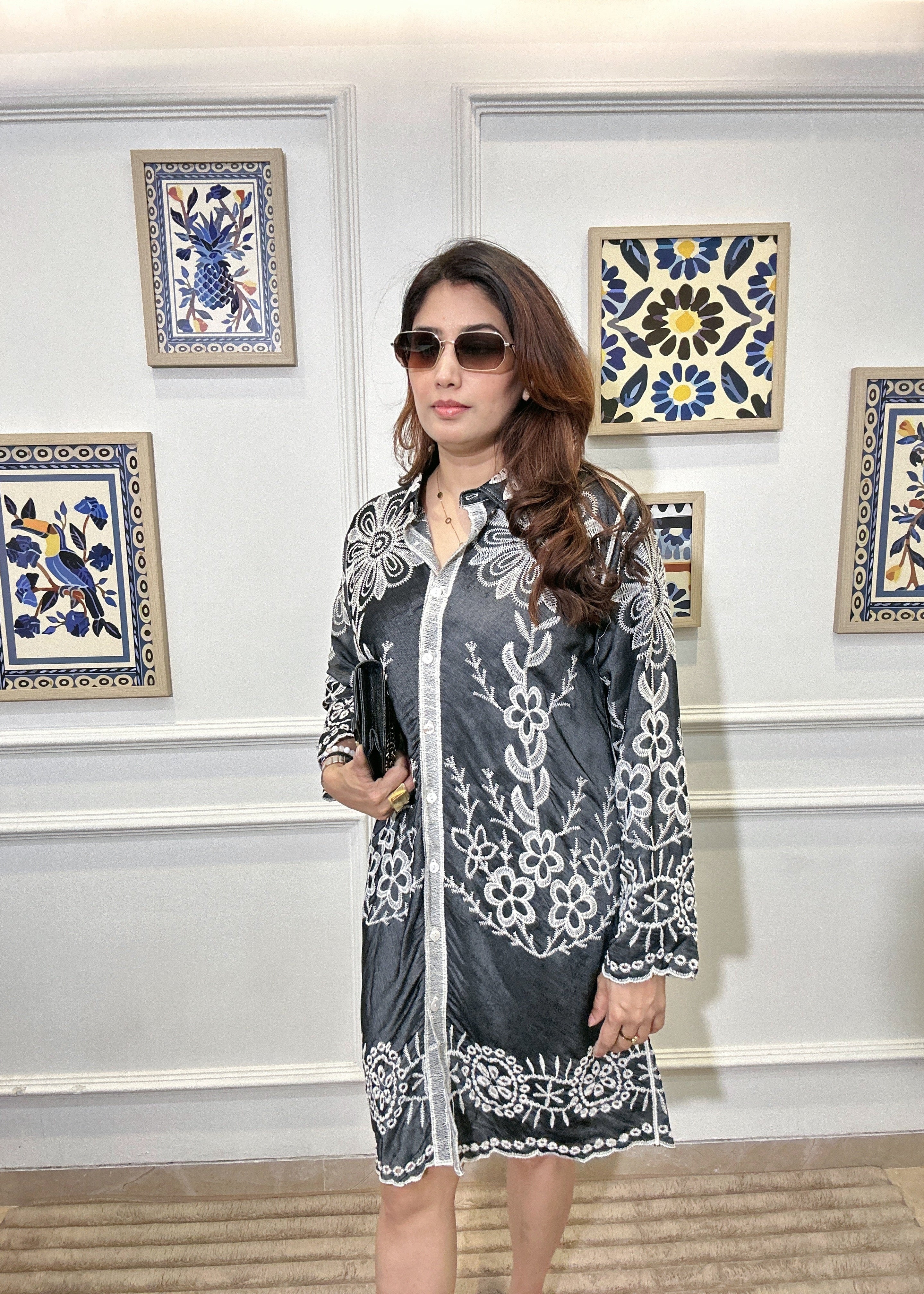 Pastel Petals Embroidered Shirt Dress (Black)