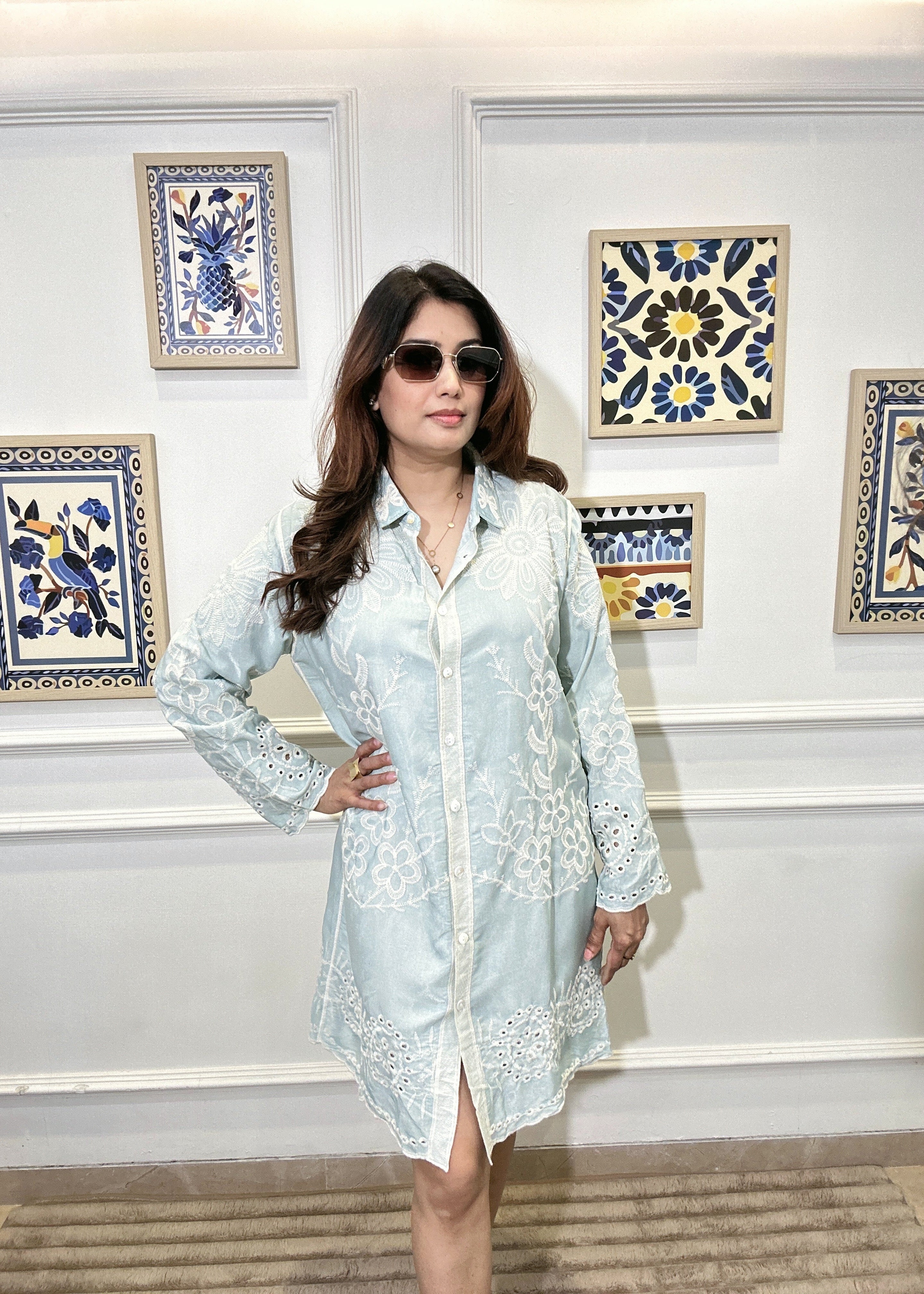 Pastel Petals Embroidered Shirt Dress (Blue)