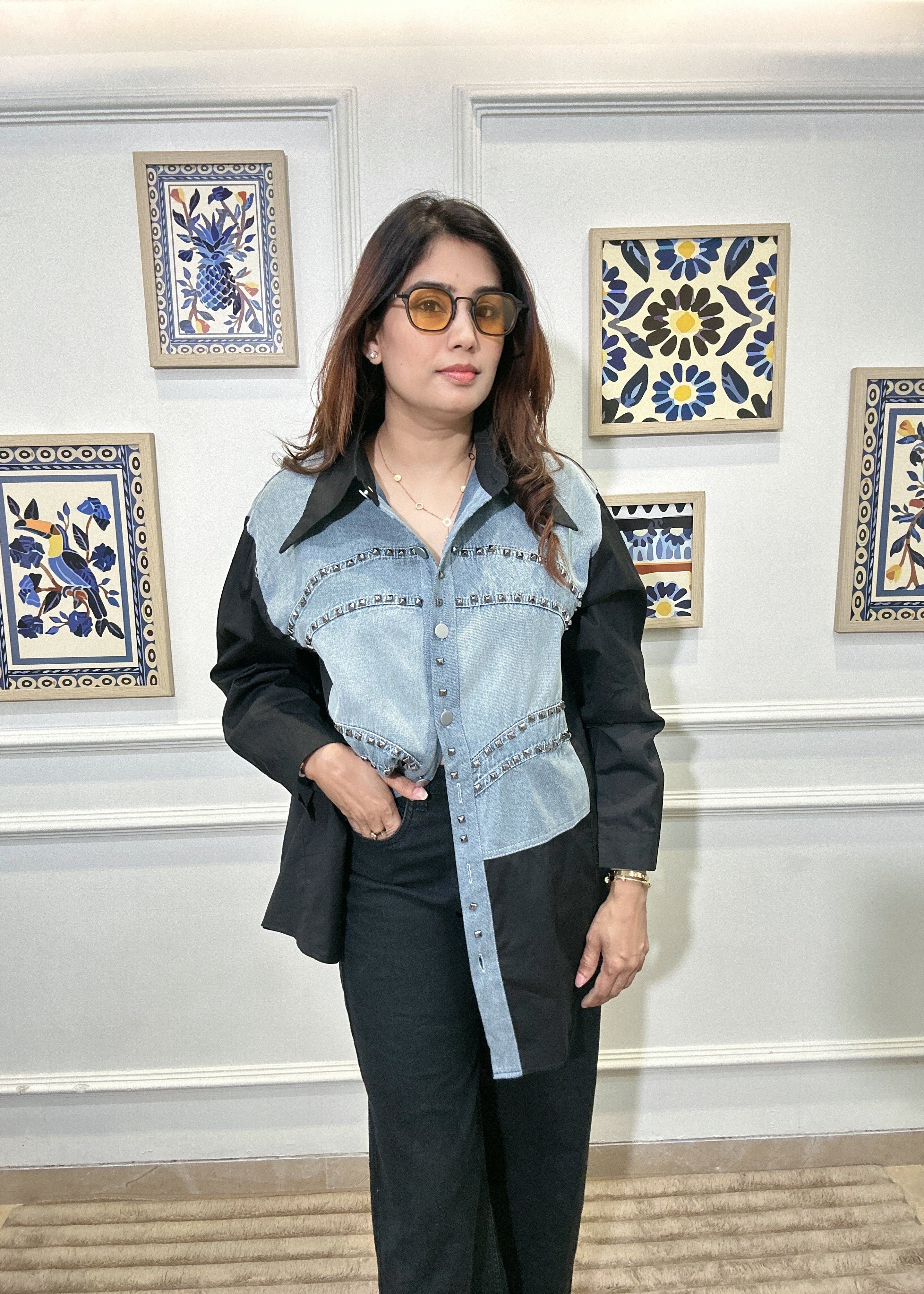 Pearl-Dust Denim Vest Shirt (Black)