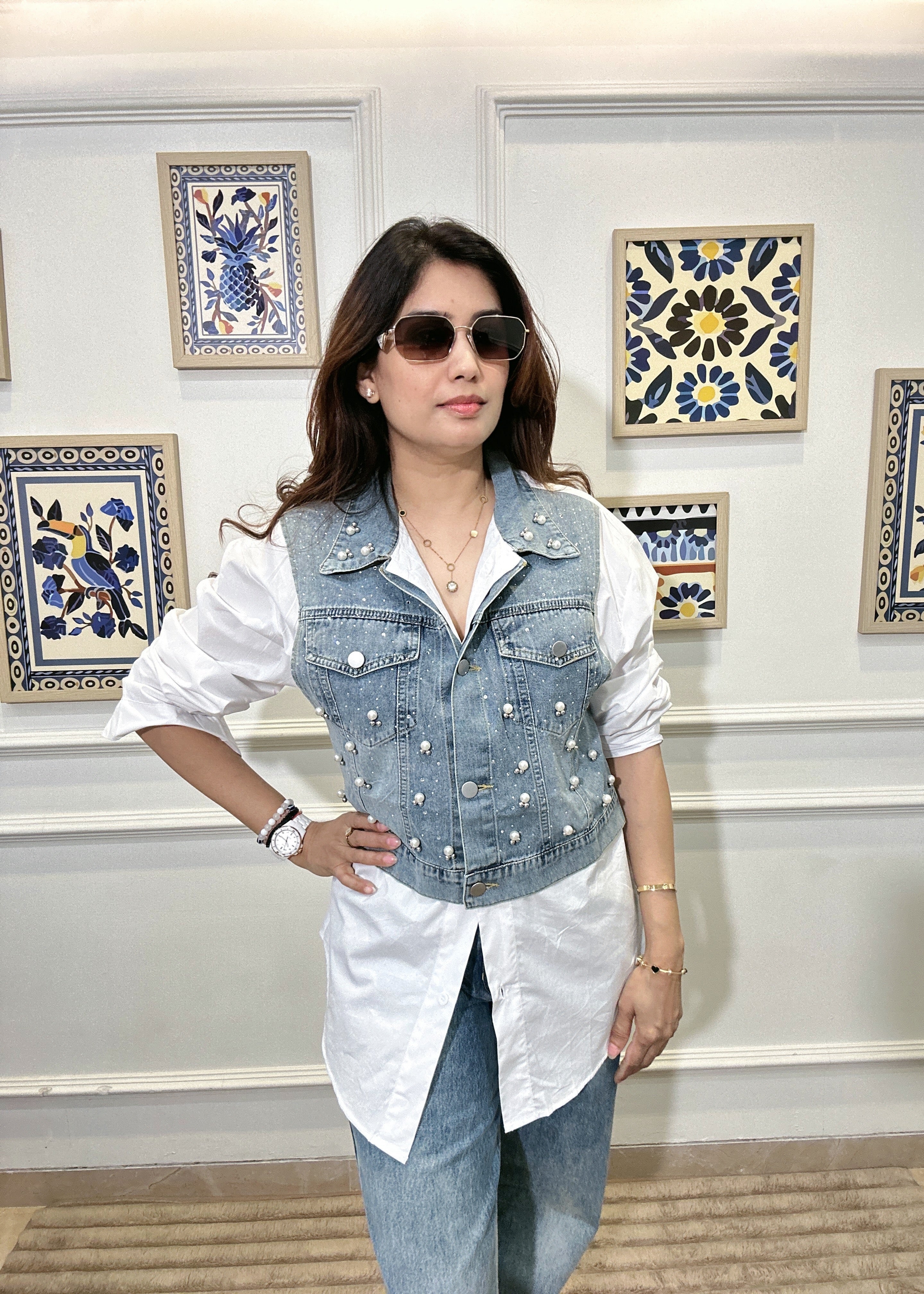 Pearl-Dust Denim Vest Shirt (White)