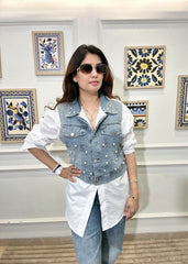 Pearl-Dust Denim Vest Shirt (White)
