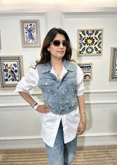 Pearl-Dust Denim Vest Shirt (White)