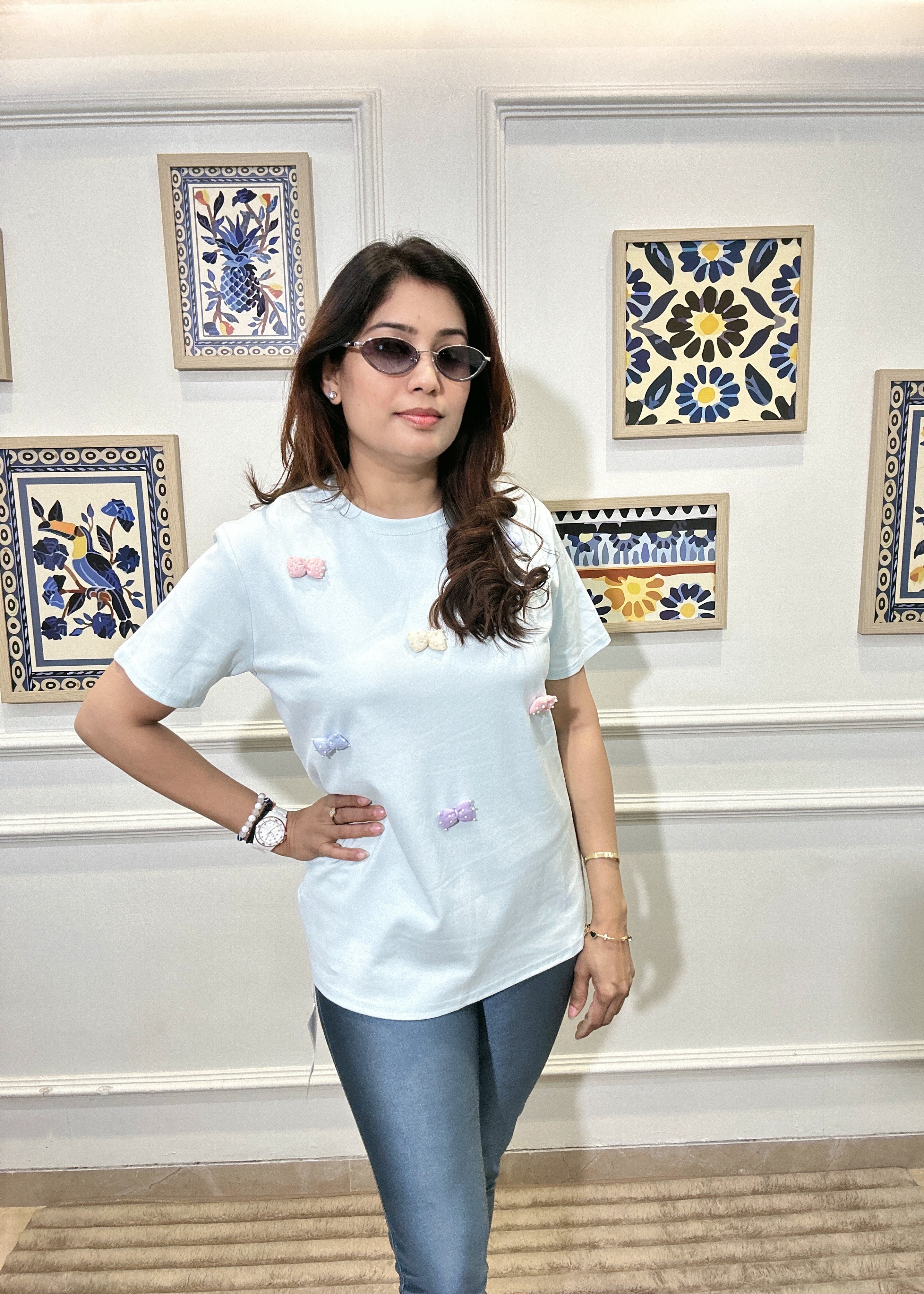 Blush Bow Embellished Tee (Blue)