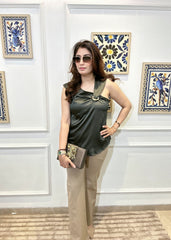 Silk Satin Gathered One Shoulder Top (Olive)
