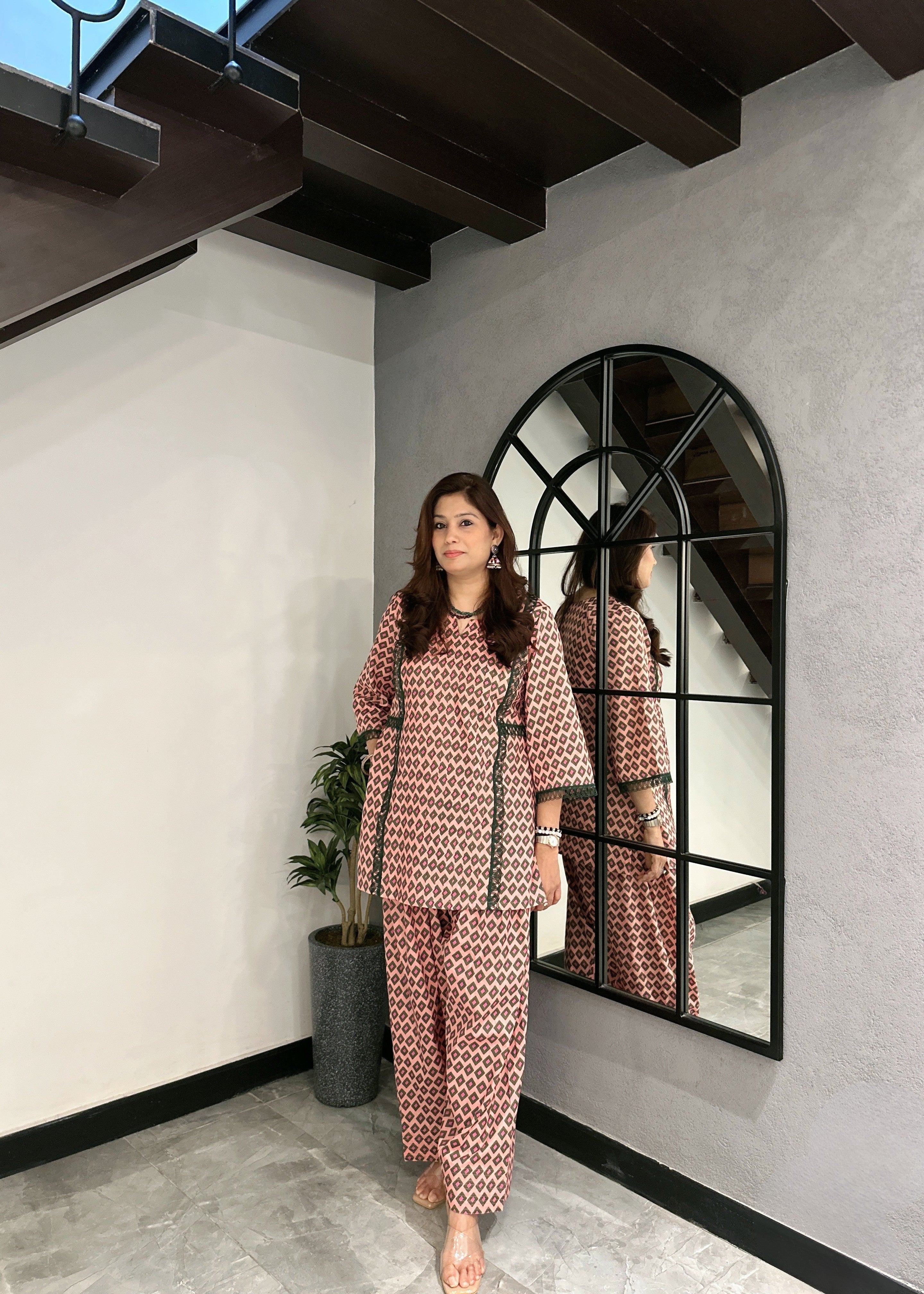 Blush Pink Geometric Co-ord Set with Contrast Detailing