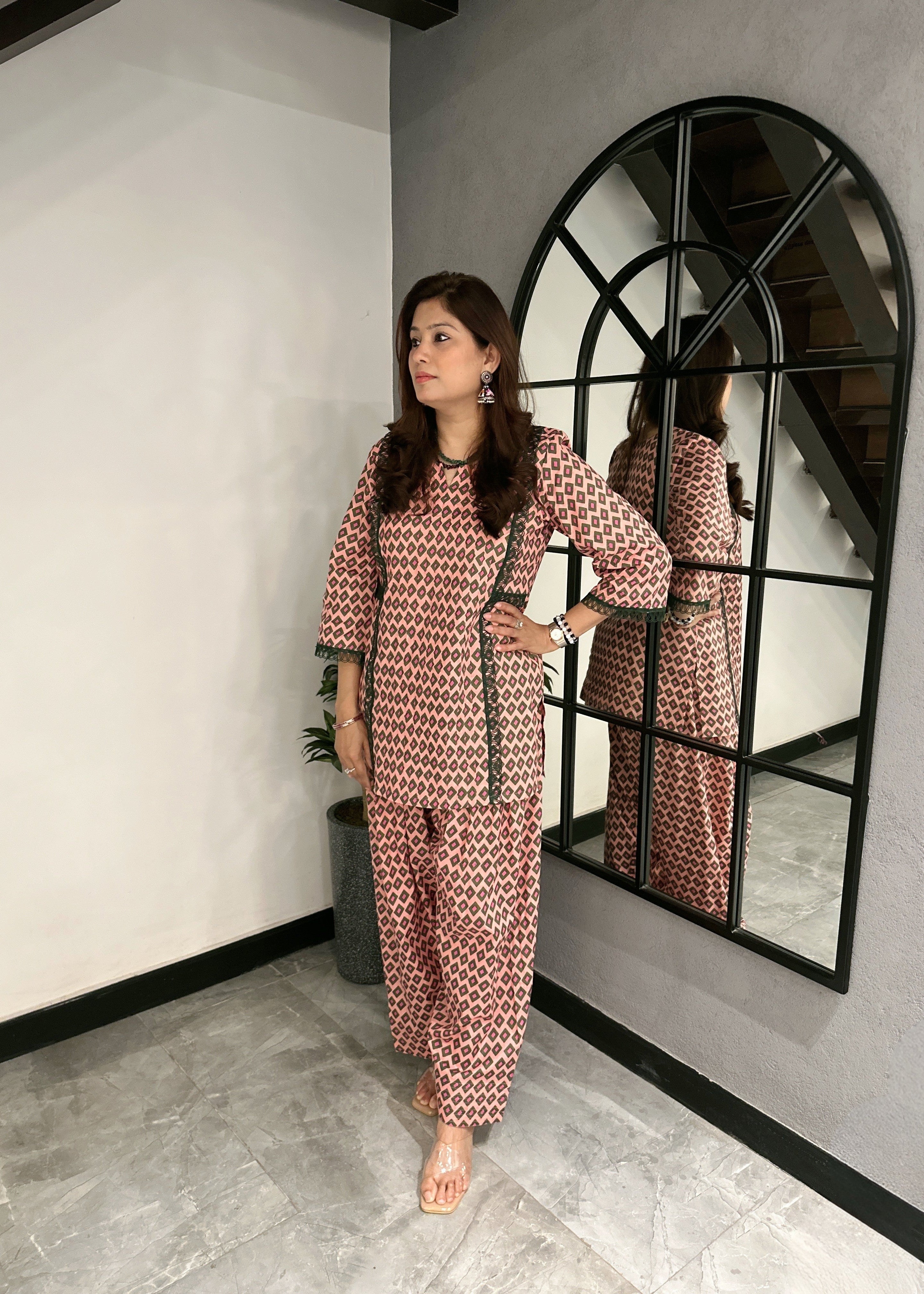Blush Pink Geometric Co-ord Set with Contrast Detailing