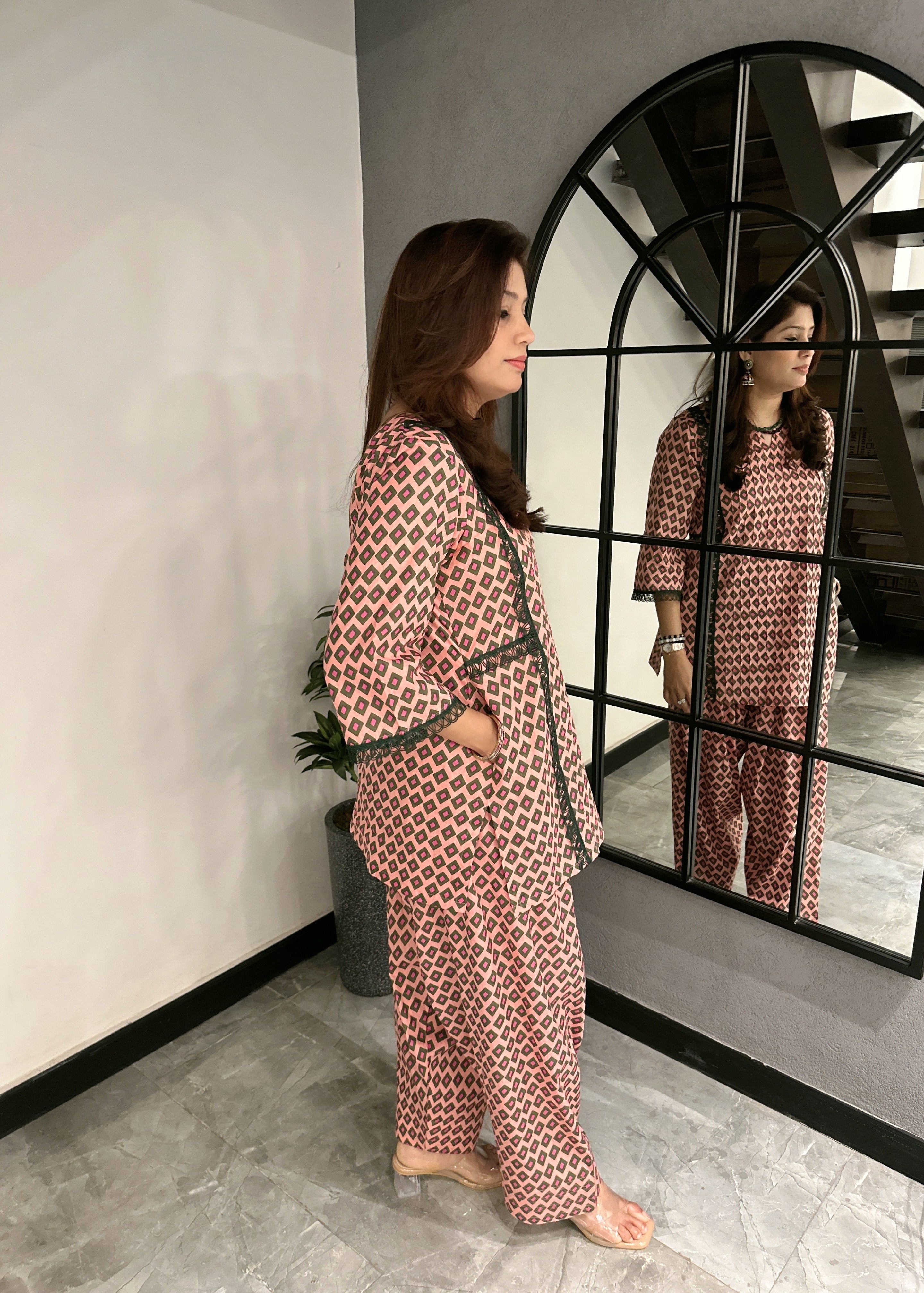 Blush Pink Geometric Co-ord Set with Contrast Detailing